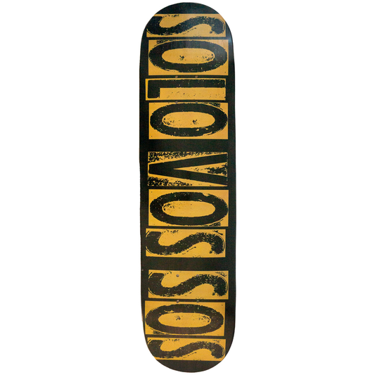 Distressed Big font across skateboard deck